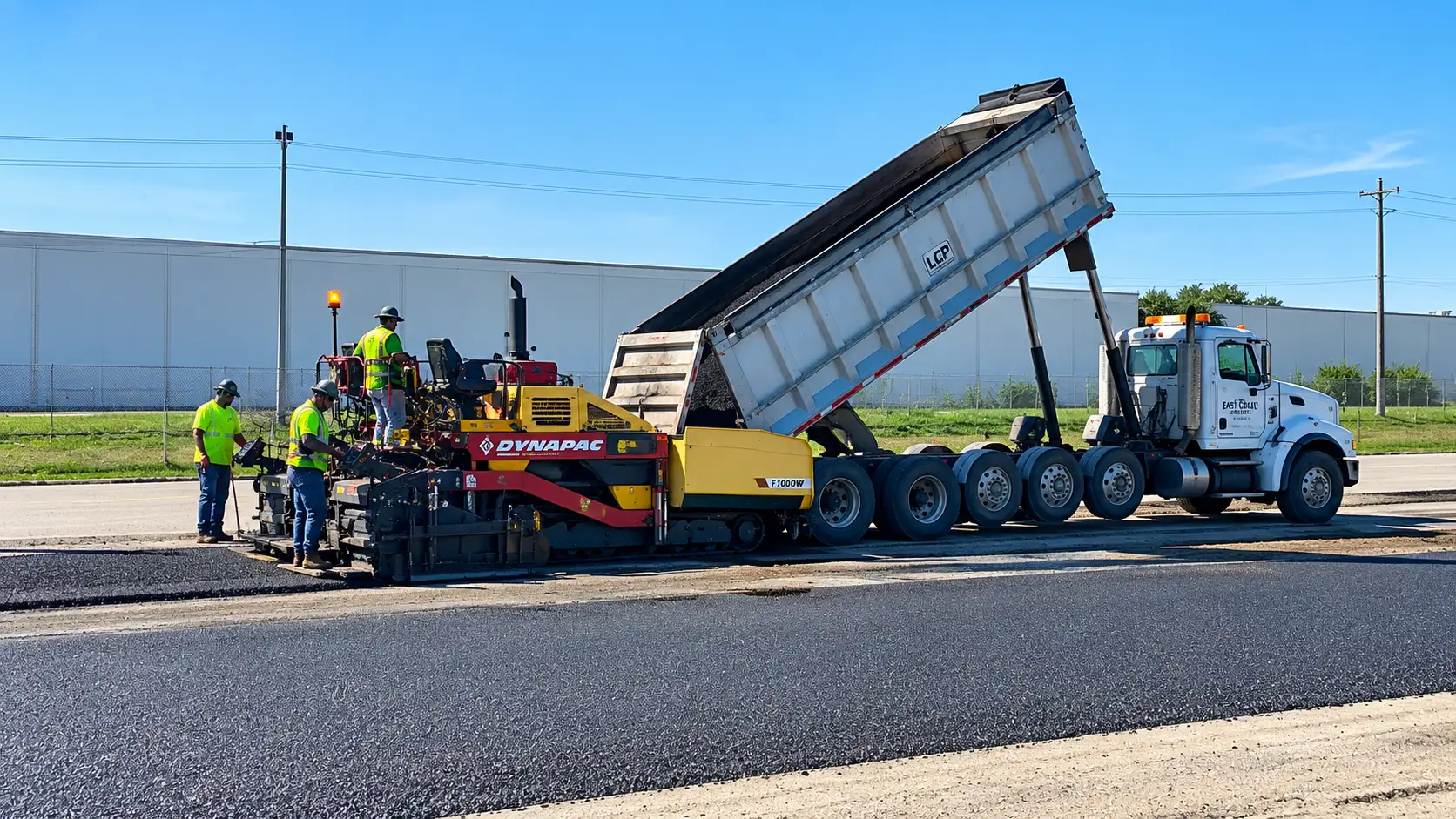 B&C Blacktop crew operating an asphalt paver as a dump truck unloads hot mix
