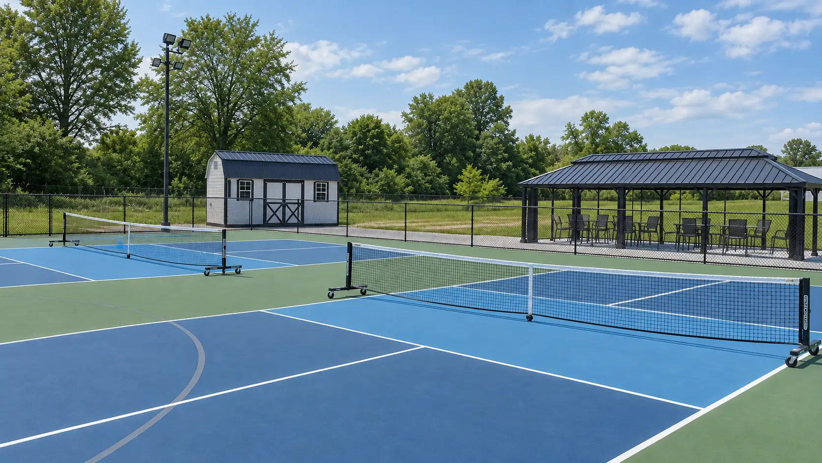 New blue and green pickleball courts with nets, a covered pavilion, and a storage shed